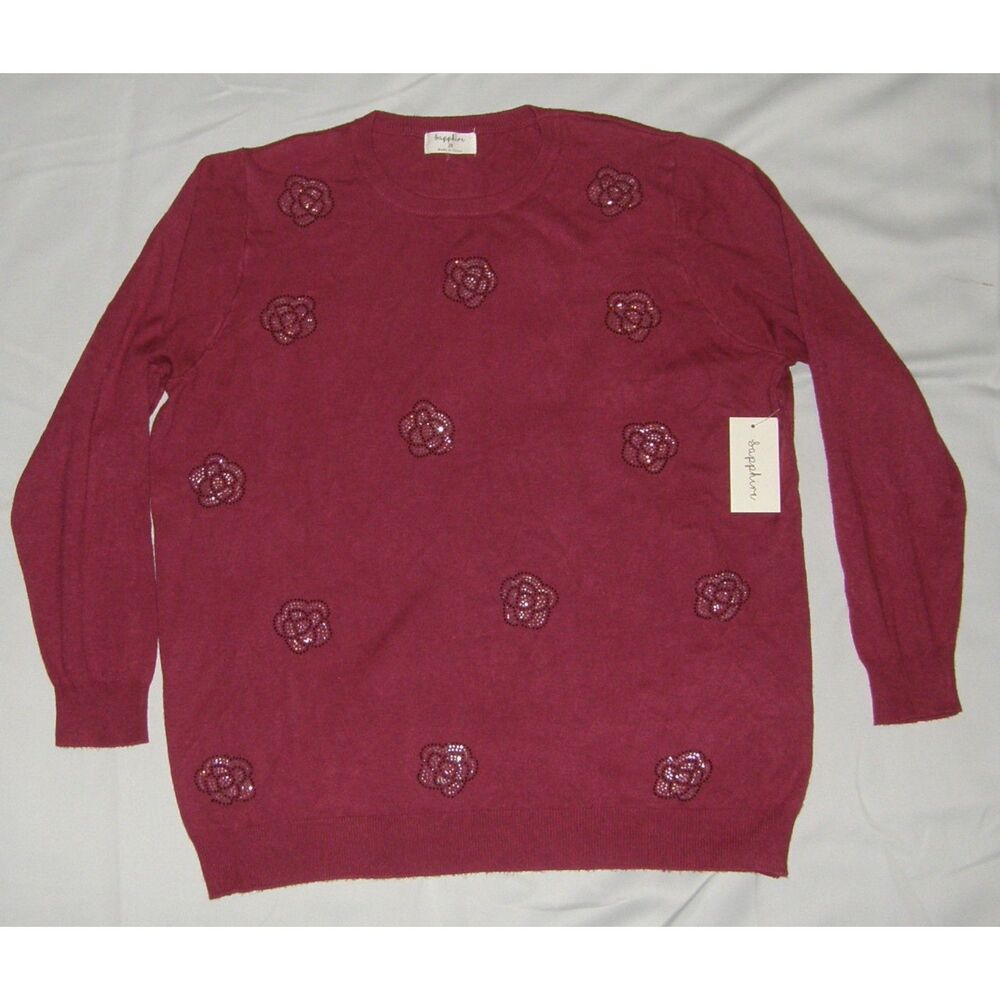 SAPPHIRE Burgundy Embellished Floral Sz 2X Soft Stretchy Lightweight Sweater NEW
